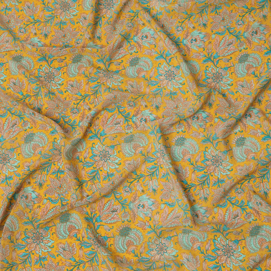 Mustard Yellow Intricate Floral Paisley Print Premium Silk Crepe Fabric, 110 Cms, India-D26877