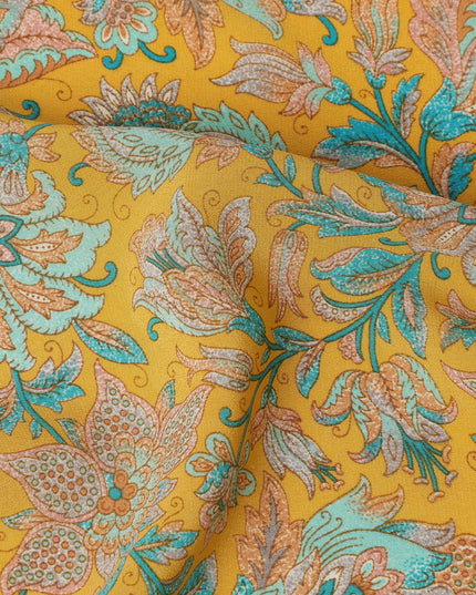 Mustard Yellow Intricate Floral Paisley Print Premium Silk Crepe Fabric, 110 Cms, India-D26877