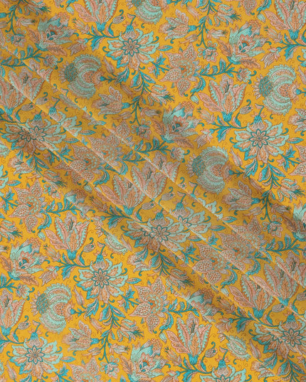 Mustard Yellow Intricate Floral Paisley Print Premium Silk Crepe Fabric, 110 Cms, India-D26877