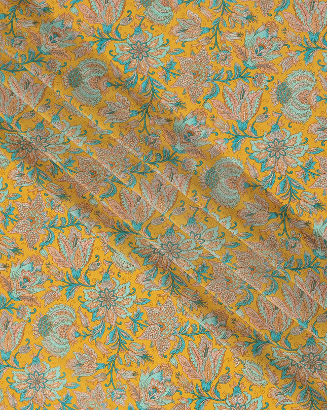 Mustard Yellow Intricate Floral Paisley Print Premium Silk Crepe Fabric, 110 Cms, India-D26877