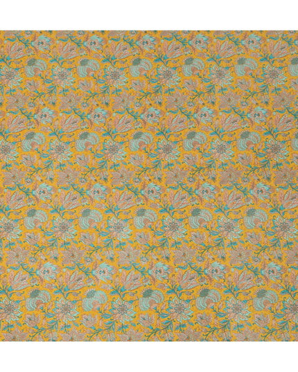 Mustard Yellow Intricate Floral Paisley Print Premium Silk Crepe Fabric, 110 Cms, India-D26877