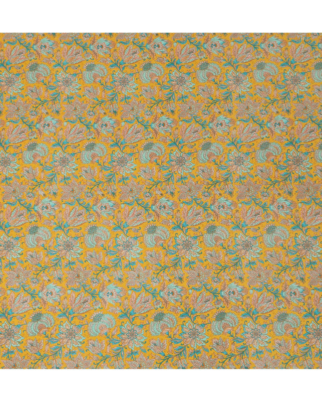 Mustard Yellow Intricate Floral Paisley Print Premium Silk Crepe Fabric, 110 Cms, India-D26877