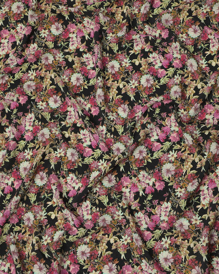 Black Floral Botanical Print Premium Silk Crepe Fabric, 110 Cms, India-D26868