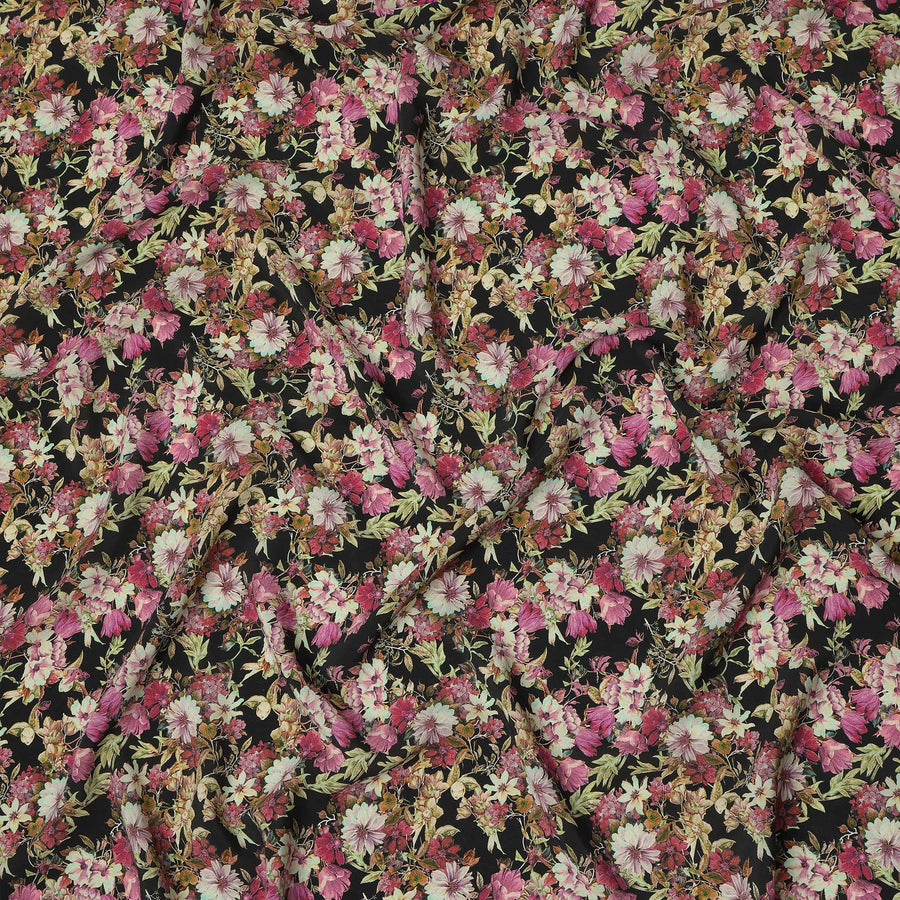 Black Floral Botanical Print Premium Silk Crepe Fabric, 110 Cms, India-D26868