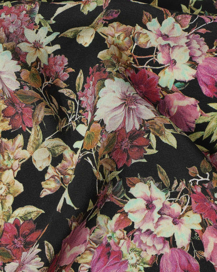 Black Floral Botanical Print Premium Silk Crepe Fabric, 110 Cms, India-D26868