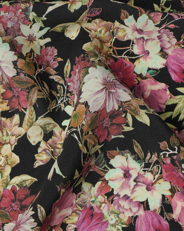 Black Floral Botanical Print Premium Silk Crepe Fabric, 110 Cms, India-D26868