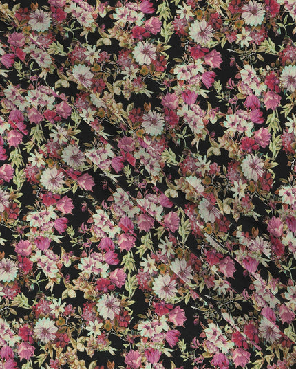 Black Floral Botanical Print Premium Silk Crepe Fabric, 110 Cms, India-D26868