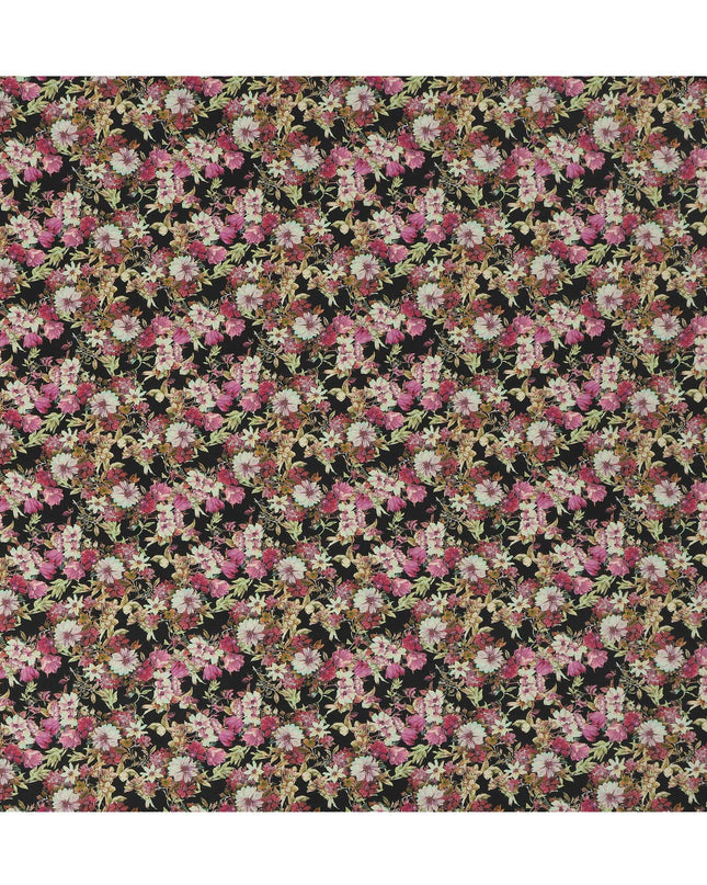 Black Floral Botanical Print Premium Silk Crepe Fabric, 110 Cms, India-D26868