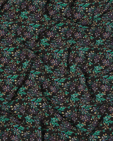 Black Multicolor Leaf Botanical Print Premium Silk Crepe Fabric, 110 Cms, India-D26873