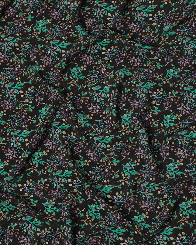 Black Multicolor Leaf Botanical Print Premium Silk Crepe Fabric, 110 Cms, India-D26873