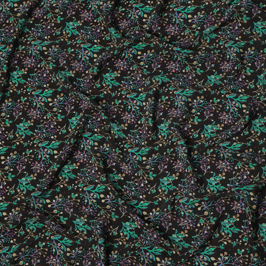 Black Multicolor Leaf Botanical Print Premium Silk Crepe Fabric, 110 Cms, India-D26873