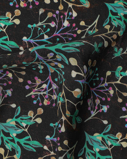 Black Multicolor Leaf Botanical Print Premium Silk Crepe Fabric, 110 Cms, India-D26873