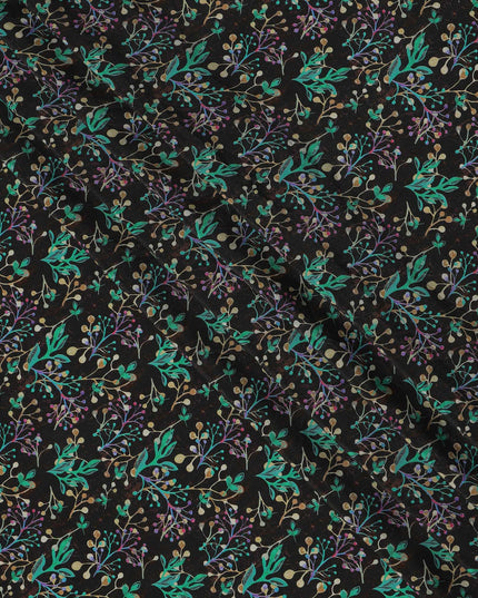 Black Multicolor Leaf Botanical Print Premium Silk Crepe Fabric, 110 Cms, India-D26873