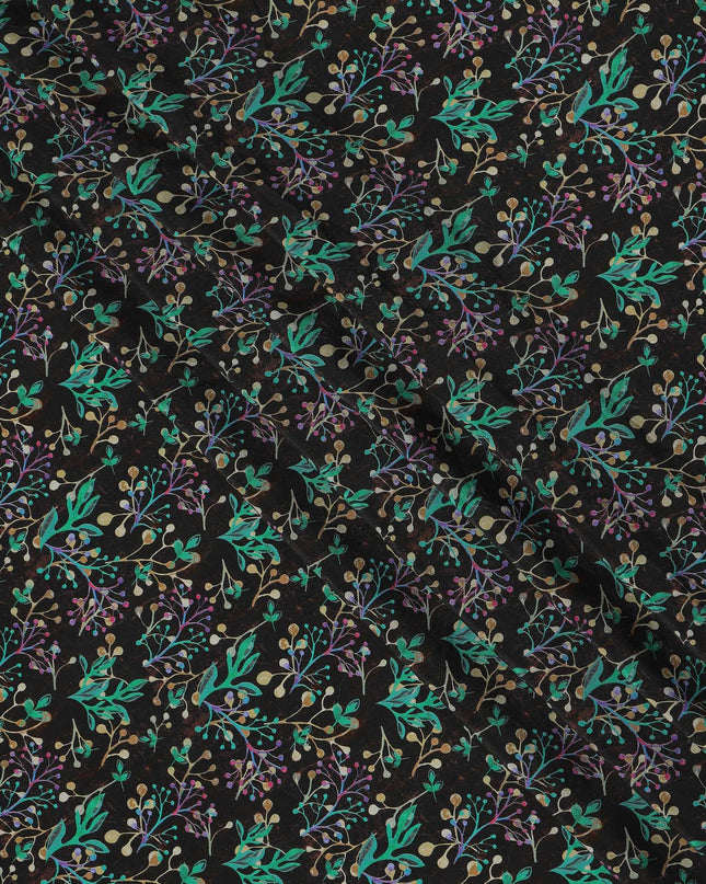 Black Multicolor Leaf Botanical Print Premium Silk Crepe Fabric, 110 Cms, India-D26873
