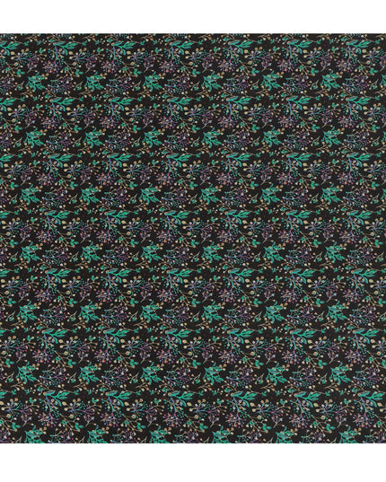 Black Multicolor Leaf Botanical Print Premium Silk Crepe Fabric, 110 Cms, India-D26873