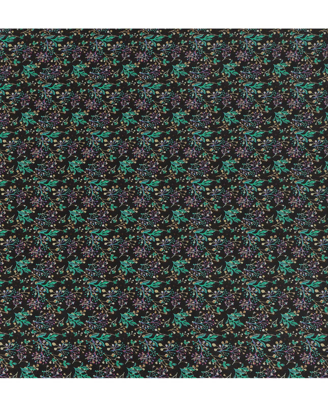 Black Multicolor Leaf Botanical Print Premium Silk Crepe Fabric, 110 Cms, India-D26873