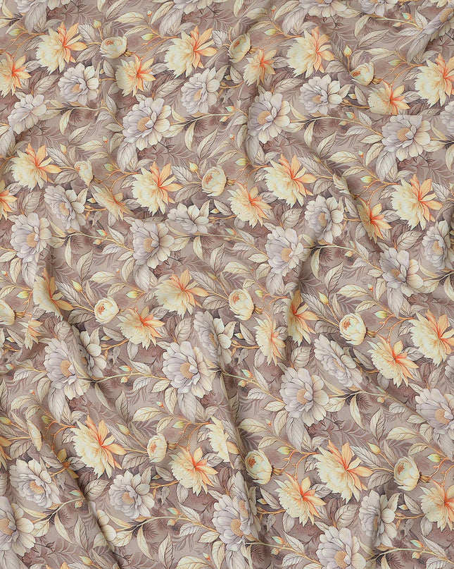 Taupe Beige Floral Botanical Print Premium Silk Crepe Fabric, 110 Cms, India-D26871