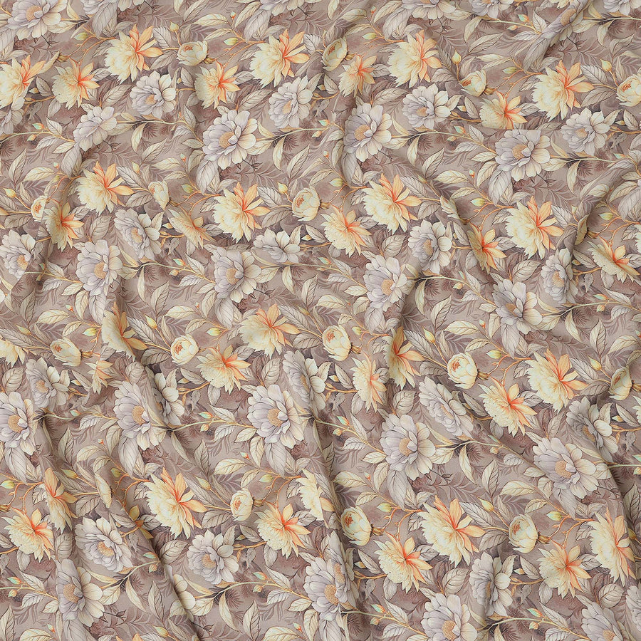 Taupe Beige Floral Botanical Print Premium Silk Crepe Fabric, 110 Cms, India-D26871