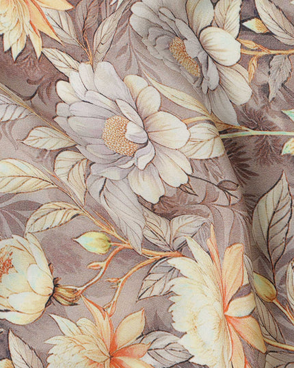 Taupe Beige Floral Botanical Print Premium Silk Crepe Fabric, 110 Cms, India-D26871