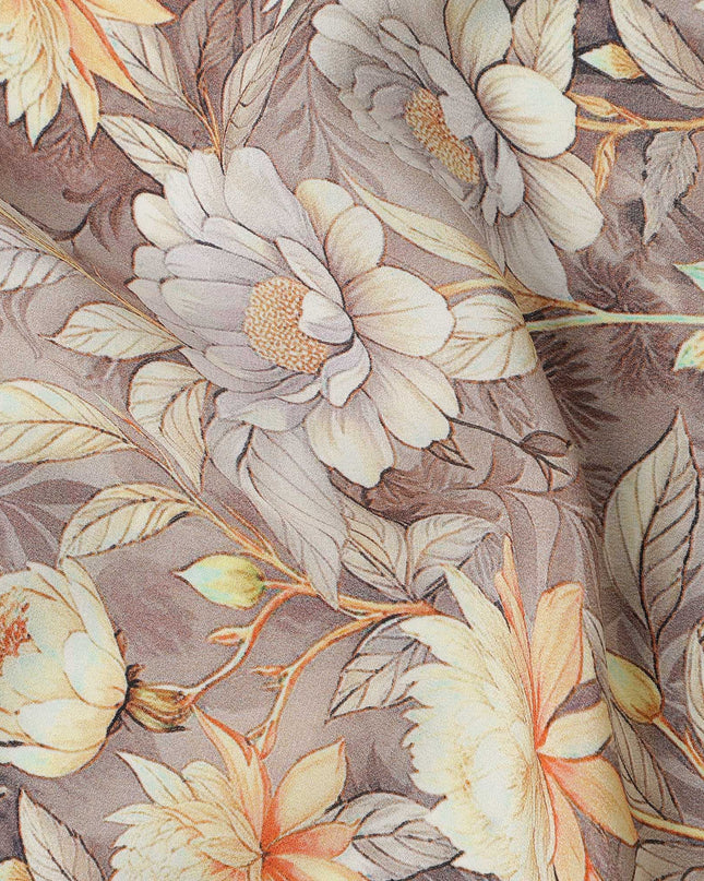 Taupe Beige Floral Botanical Print Premium Silk Crepe Fabric, 110 Cms, India-D26871