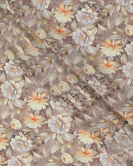 Taupe Beige Floral Botanical Print Premium Silk Crepe Fabric, 110 Cms, India-D26871