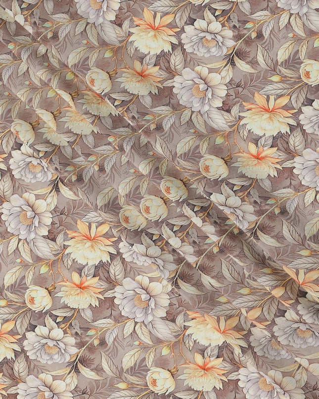 Taupe Beige Floral Botanical Print Premium Silk Crepe Fabric, 110 Cms, India-D26871