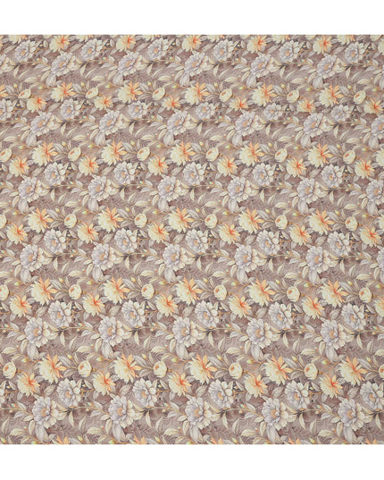 Taupe Beige Floral Botanical Print Premium Silk Crepe Fabric, 110 Cms, India-D26871