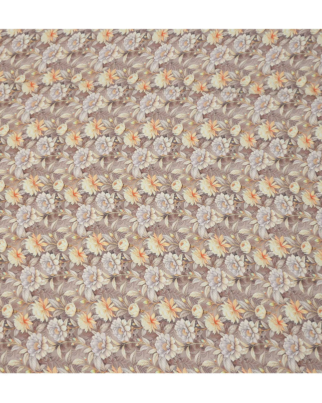 Taupe Beige Floral Botanical Print Premium Silk Crepe Fabric, 110 Cms, India-D26871