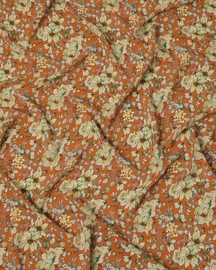Rust Orange Floral Botanical Print Premium Silk Crepe Fabric, 110 Cms, India-D26872