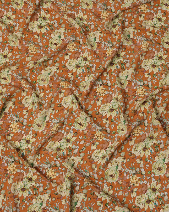 Rust Orange Floral Botanical Print Premium Silk Crepe Fabric, 110 Cms, India-D26872