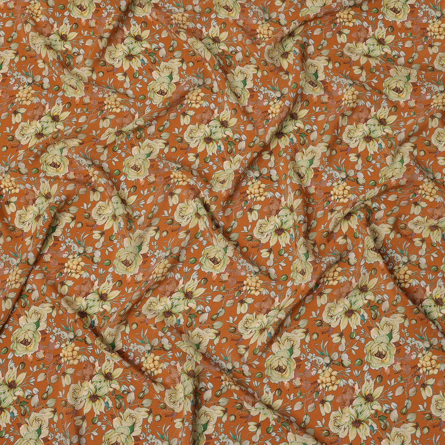 Rust Orange Floral Botanical Print Premium Silk Crepe Fabric, 110 Cms, India-D26872