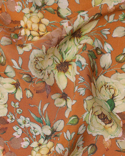 Rust Orange Floral Botanical Print Premium Silk Crepe Fabric, 110 Cms, India-D26872