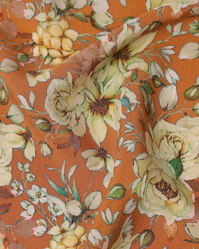 Rust Orange Floral Botanical Print Premium Silk Crepe Fabric, 110 Cms, India-D26872