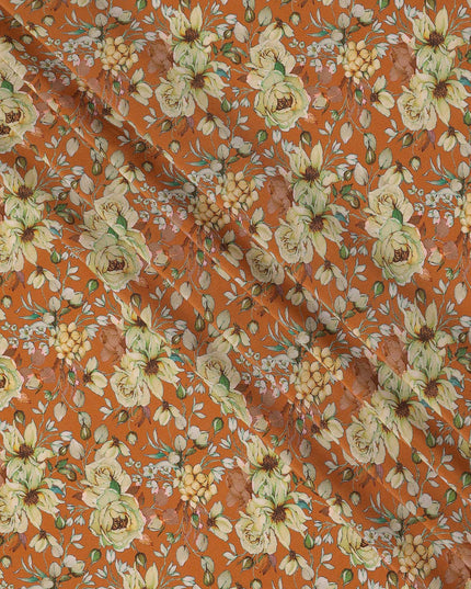 Rust Orange Floral Botanical Print Premium Silk Crepe Fabric, 110 Cms, India-D26872