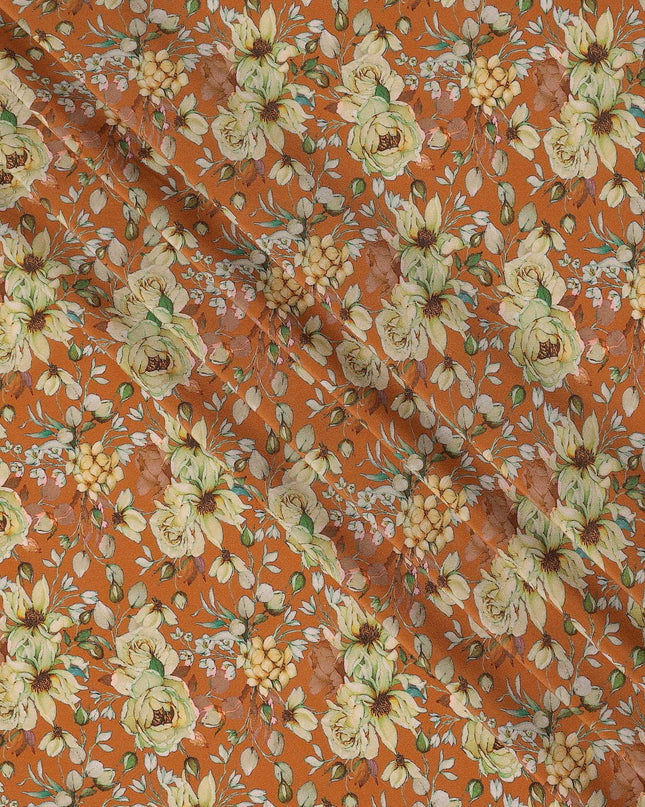 Rust Orange Floral Botanical Print Premium Silk Crepe Fabric, 110 Cms, India-D26872