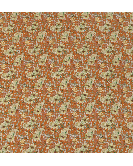 Rust Orange Floral Botanical Print Premium Silk Crepe Fabric, 110 Cms, India-D26872
