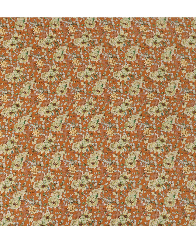 Rust Orange Floral Botanical Print Premium Silk Crepe Fabric, 110 Cms, India-D26872
