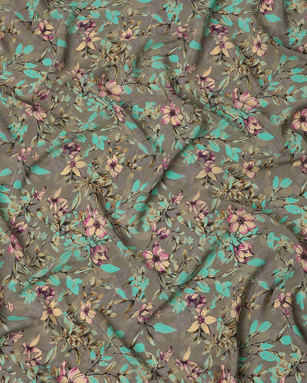 Grey Teal Floral Botanical Print Premium Silk Crepe Fabric, 110 Cms, India-D26876