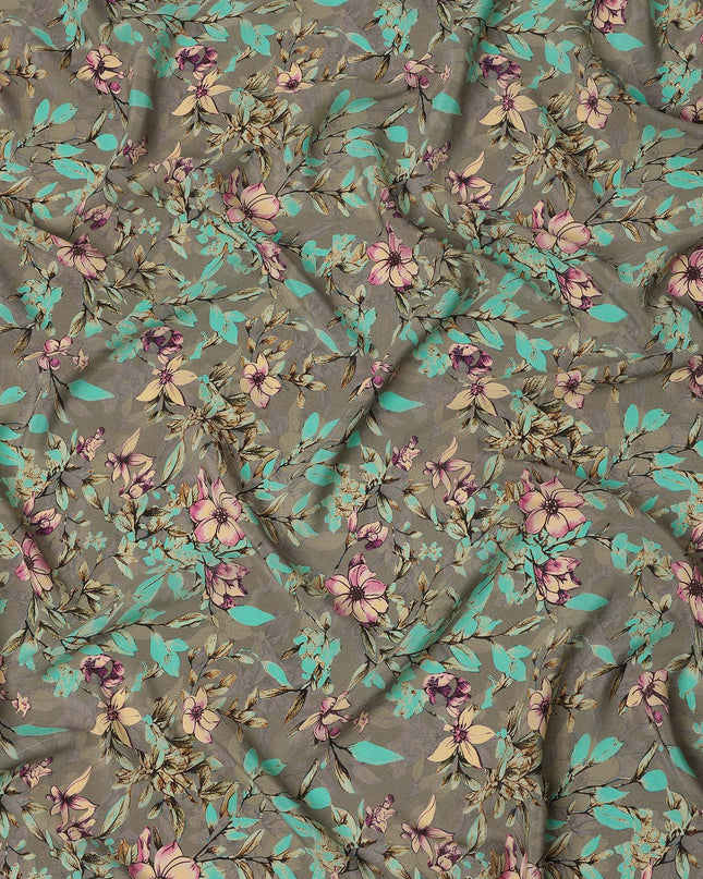 Grey Teal Floral Botanical Print Premium Silk Crepe Fabric, 110 Cms, India-D26876