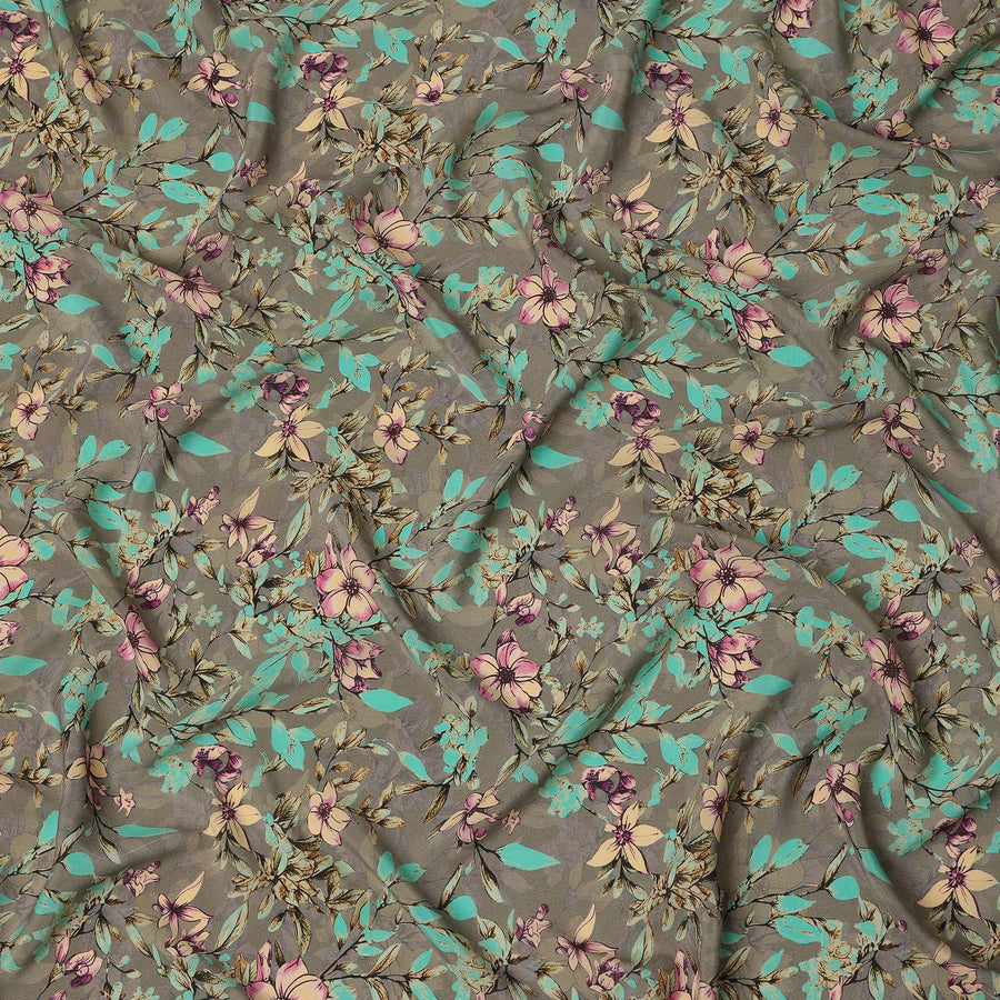 Grey Teal Floral Botanical Print Premium Silk Crepe Fabric, 110 Cms, India-D26876