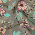 Grey Teal Floral Botanical Print Premium Silk Crepe Fabric, 110 Cms, India-D26876