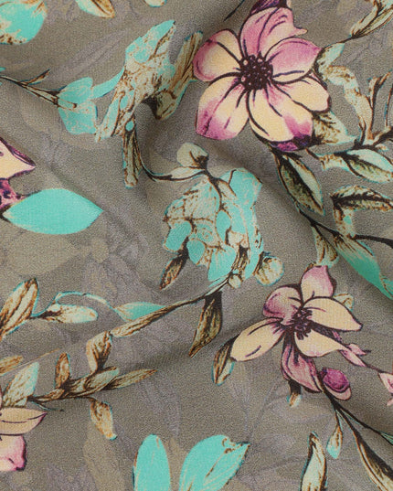 Grey Teal Floral Botanical Print Premium Silk Crepe Fabric, 110 Cms, India-D26876