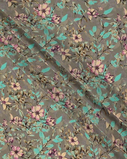 Grey Teal Floral Botanical Print Premium Silk Crepe Fabric, 110 Cms, India-D26876