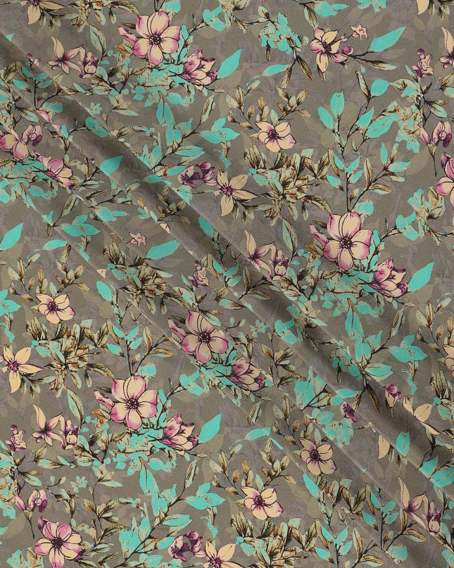 Grey Teal Floral Botanical Print Premium Silk Crepe Fabric, 110 Cms, India-D26876