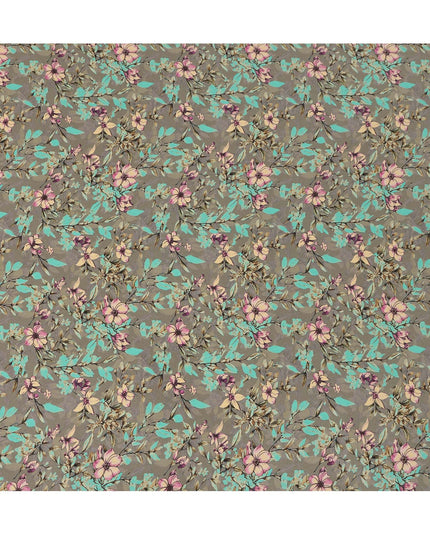 Grey Teal Floral Botanical Print Premium Silk Crepe Fabric, 110 Cms, India-D26876