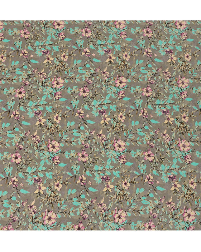 Grey Teal Floral Botanical Print Premium Silk Crepe Fabric, 110 Cms, India-D26876