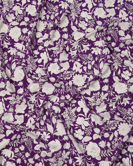 Royal Purple White Floral Line Art Print Premium Silk Crepe Fabric, 110 Cms, India-D26881