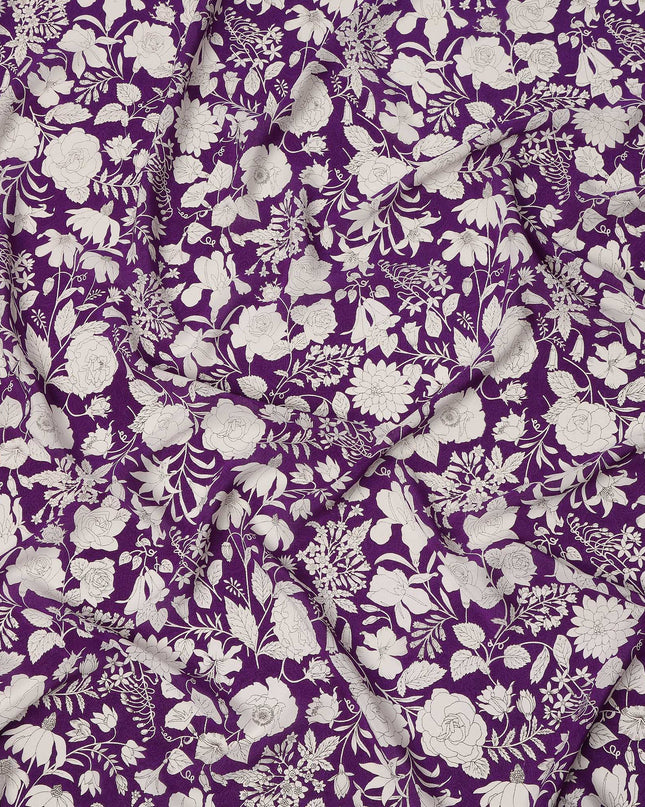 Royal Purple White Floral Line Art Print Premium Silk Crepe Fabric, 110 Cms, India-D26881
