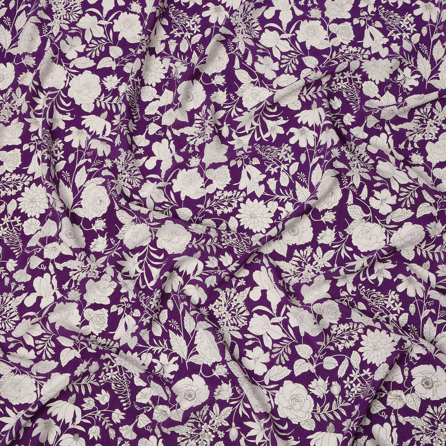 Royal Purple White Floral Line Art Print Premium Silk Crepe Fabric, 110 Cms, India-D26881