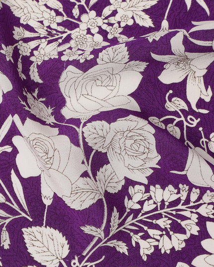 Royal Purple White Floral Line Art Print Premium Silk Crepe Fabric, 110 Cms, India-D26881
